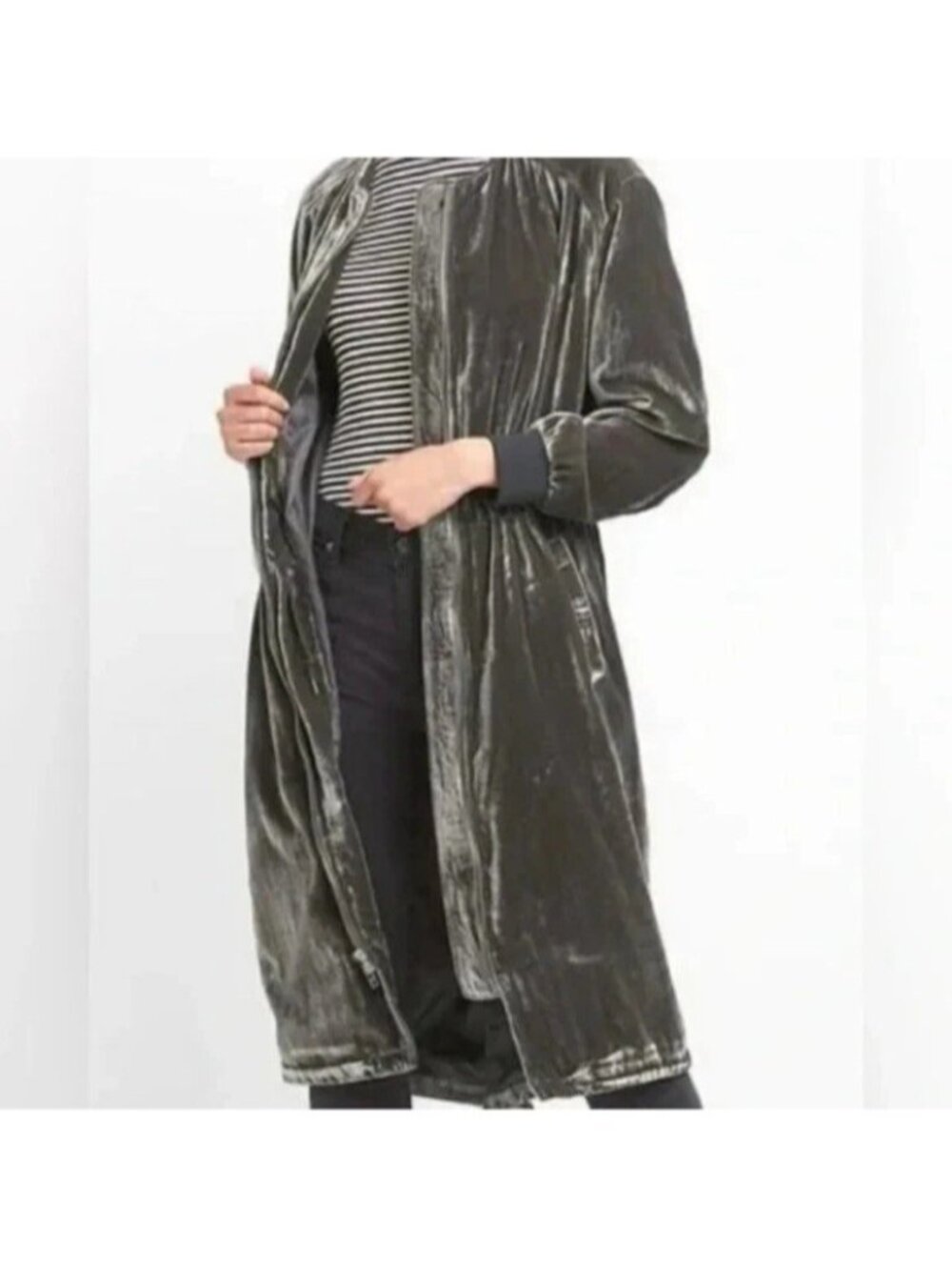 Gap Silky Velvet Midi Bomber Jacket Color Pavement Grey Size M - Picture 3 of 7